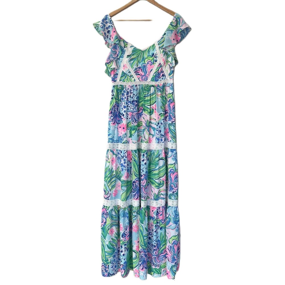 Lilly Pulitzer 6 Ivie Maxi Dress Kitten Around Fit & Flare Flutter Sleeve Lace - Picture 4 of 12